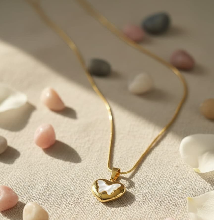 Elegant Gold Mother of Pearl Pendant Necklace for Women – Heart & Square Design