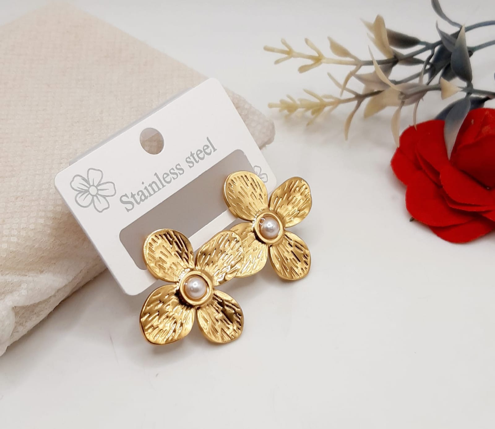 Gold Flower Pearl Earrings for Women – Elegant Stainless Steel Floral Earrings