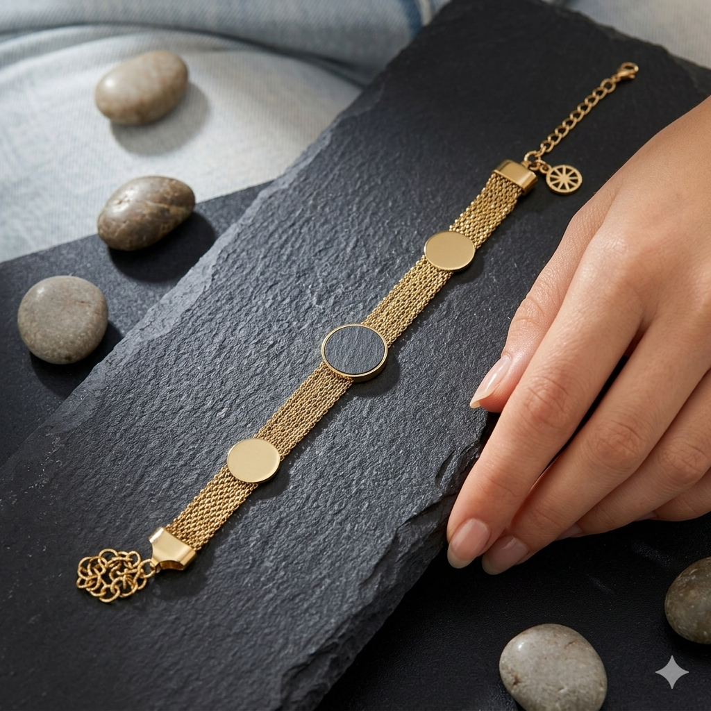 Elegant Gold Mesh Bracelet with Geometric Charm