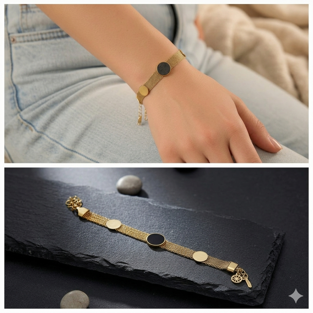 Elegant Gold Mesh Bracelet with Geometric Charm